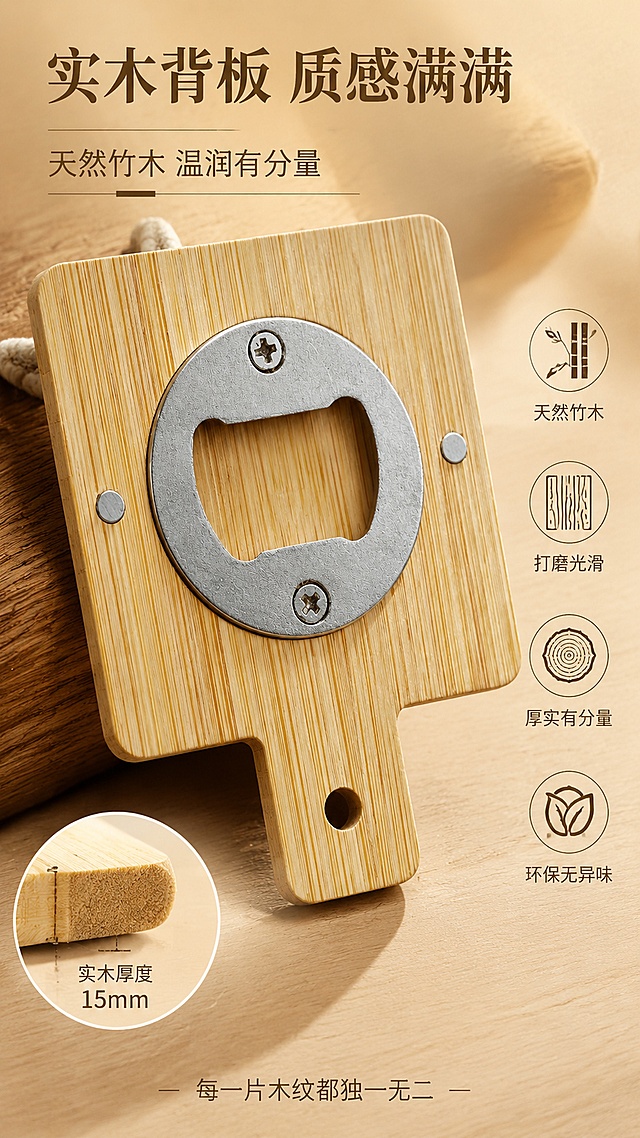 [第7屏] 材质解析-实木背板质感与工艺细节。本屏使用【图2】作为背面实木背板主体展示材质。
[氛围/风格] 材质质感大片，温润自然，匠心工艺感，商业微距摄影质感。
[元素布局] 画面主体为产品背面局部放大，展示竹木背板细腻的竖向纹理、金属开瓶器与木材的结合工艺、螺丝固定细节、磁吸小圆点；左下角有木材横截面示意，展示实木厚度；背景是同色系深浅木纹理叠加，营造温润质感；产品结构、金属开瓶器形状、螺丝位置、竹木纹理方向与输入图完全一致。
[光影质感] 侧光打亮竹木纹理凹凸，金属边缘有锐利高光，木材表面温润反光，阴影柔和有层次。
[配色色系] 全局底色 #E8DCC8（浅木色）；主色竹木浅棕黄 #C9A97E；辅助色金属银灰、深棕木纹。
[视角构图] 45°斜俯视微距特写，背板材质占画面约65%，阅读动线顶部标题 → 中部材质微距 → 底部材质卖点。
[文字版式] 顶部主标题「实木背板 质感满满」，副标题「天然竹木 温润有分量」；右侧竖排四个材质标签：「天然竹木」「打磨光滑」「厚实有分量」「环保无异味」，配木纹小图标；底部小字说明「每一片木纹都独一无二」；文字不遮挡核心材质区域。
[比例分辨率] 9:16 竖版比例，4K 分辨率，文字清晰可辨，高清画质。
[负向提示词] 产品变形，缺件错件，结构错误，颜色偏差，水印，文字错乱，文字过小，背景杂乱。