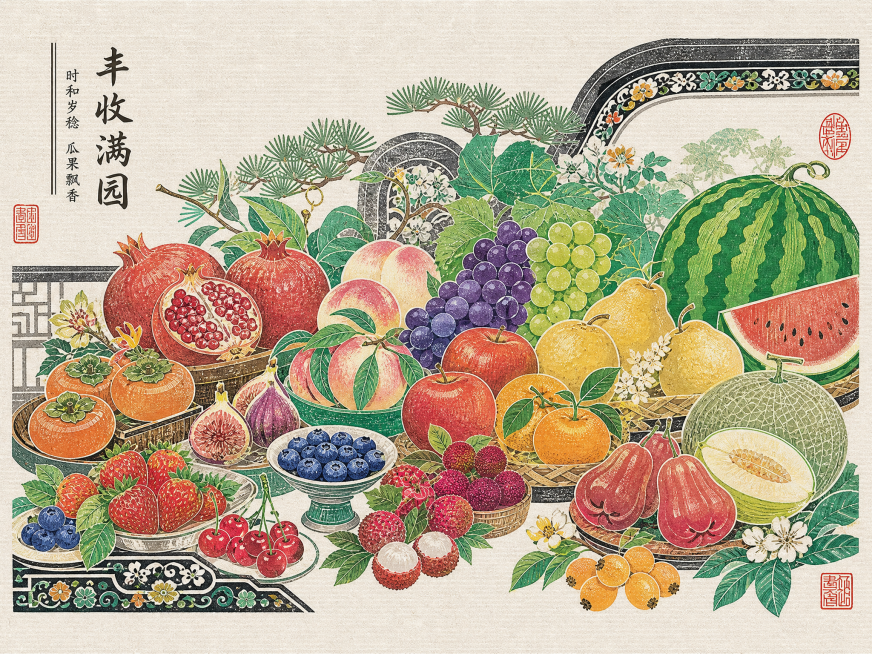 参照参考图的版画装饰风格，横构图生成堆叠多种水果的丰收场景，跨越不同季节的各色水果，营造丰收满园氛围，高饱和度色彩突出各类水果颜色，保留中式留白不拥挤，呈现有质感有秩序的中式插画，适合文创设计，版画纹预览效果