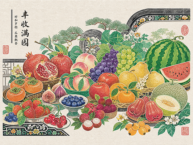 参照参考图的版画装饰风格，横构图生成堆叠多种水果的丰收场景，跨越不同季节的各色水果，营造丰收满园氛围，高饱和度色彩突出各类水果颜色，保留中式留白不拥挤，呈现有质感有秩序的中式插画，适合文创设计，版画纹理和参考图一致