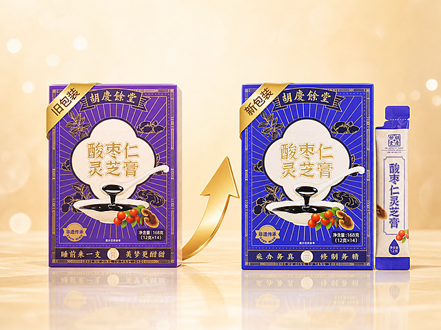 电商商品宣传轮播Banner，对称二分左右平衡构图，画面均等分为左右两块，左侧摆放产品旧包装【图1】，右侧摆放同款全新升级包装产品【图2】，两件产品高度对齐放置在光滑反光浅金色台面；左右产品罐身分别斜挂浅金色丝带标签，分别标注“旧包装”、“新包装”；两件产品中间有立体渐变金色向上箭头，视觉串联新旧包装；画面顶部预留大面积区域放置两行加粗烫金暖棕标题文字，用于标注新旧包装随机发货提示；背景是柔和渐变浅金暖黄柔光背景，朦胧光晕氛围感，均匀柔和棚拍柔光，产品底部带浅淡镜面倒影，轻奢温润商业静物摄影，高清细腻，画面干净无杂物、无水印