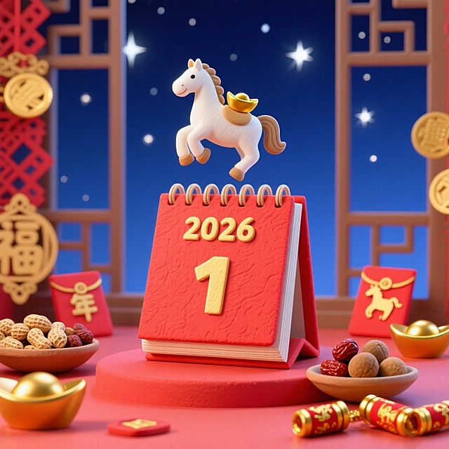 画面中心是带 “2026” 字样在上方，“1” 在下方的红色台历，台历上方站着昂首扬蹄、抱金元宝的白色小马，背景为墨蓝鎏银夜空（点缀星芒），周围环绕金元宝、小红包、生肖马主题窗花、新年干果盘（花生 / 桂圆 / 红枣）、鎏金鞭炮串。