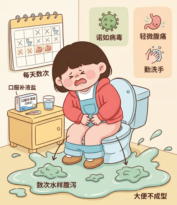 诺如病毒感染典型症状，儿童频繁水样腹泻，每天数次，大便不成型，伴随轻微腹痛，保持参考图的卡通可爱手绘插画风格，温暖柔和色调，丰富背景，科普医疗插图预览效果