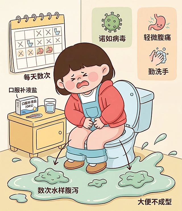 诺如病毒感染典型症状，儿童频繁水样腹泻，每天数次，大便不成型，伴随轻微腹痛，保持参考图的卡通可爱手绘插画风格，温暖柔和色调，丰富背景，科普医疗插图