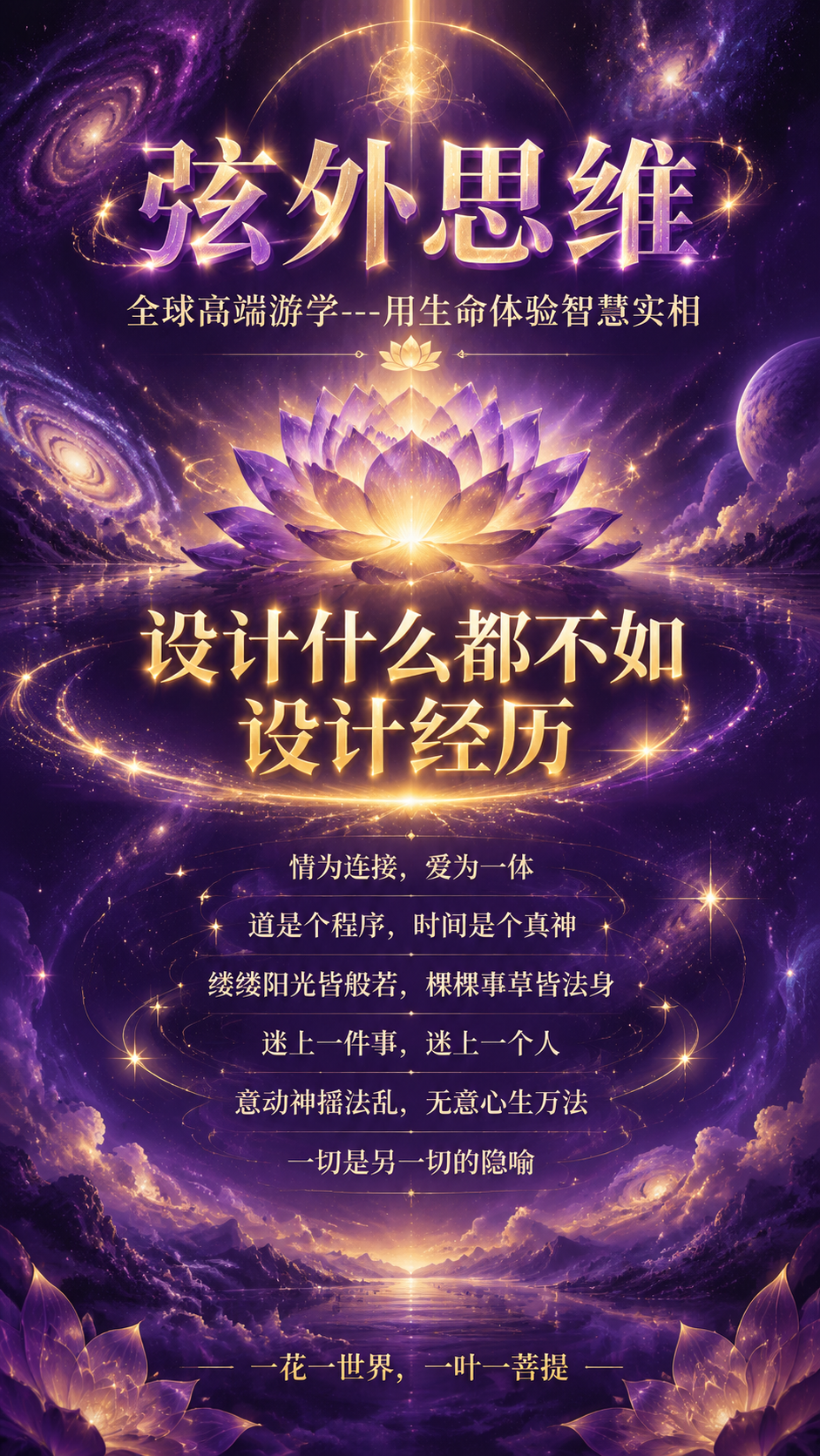 高端哲学游学宣传海报，竖版9:16，紫金神秘灵性风格。深紫渐变… - 图片创意预览