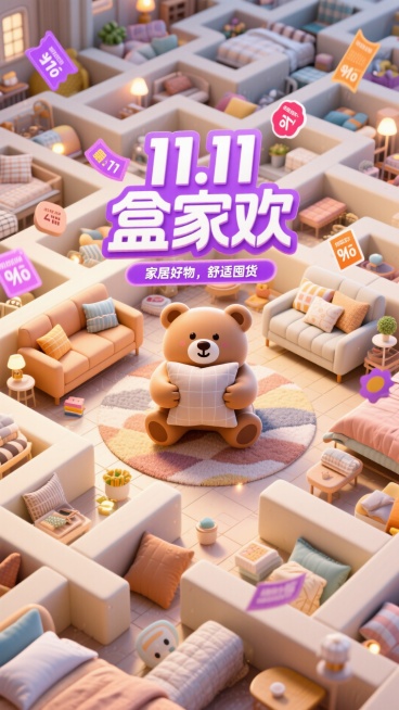 极致温暖的米色调画面中间一个卡通小熊抱着一个大抱枕，背后带有设计感的巨大的紫色主标“11.11 盒家欢”+副标“家居好物，舒适囤货”。背景是各种家居用品（如沙发、地毯、床品等）堆积组成的巨大的迷宫，家预览效果