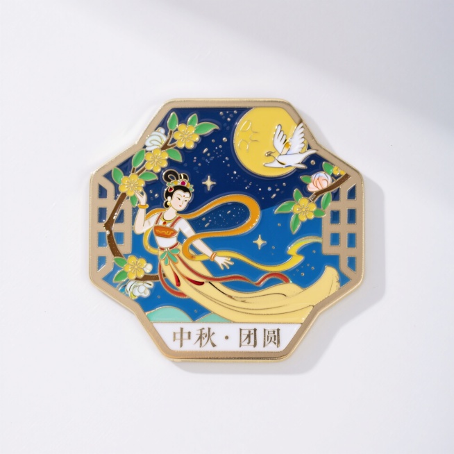 金属珐琅螺钿冰箱贴，中国风，嫦娥奔月造型，桂花树枝、银河装饰而成，不规则边框，镂空设计，下方小字写着“中秋·团圆”，配色鲜艳明亮预览效果
