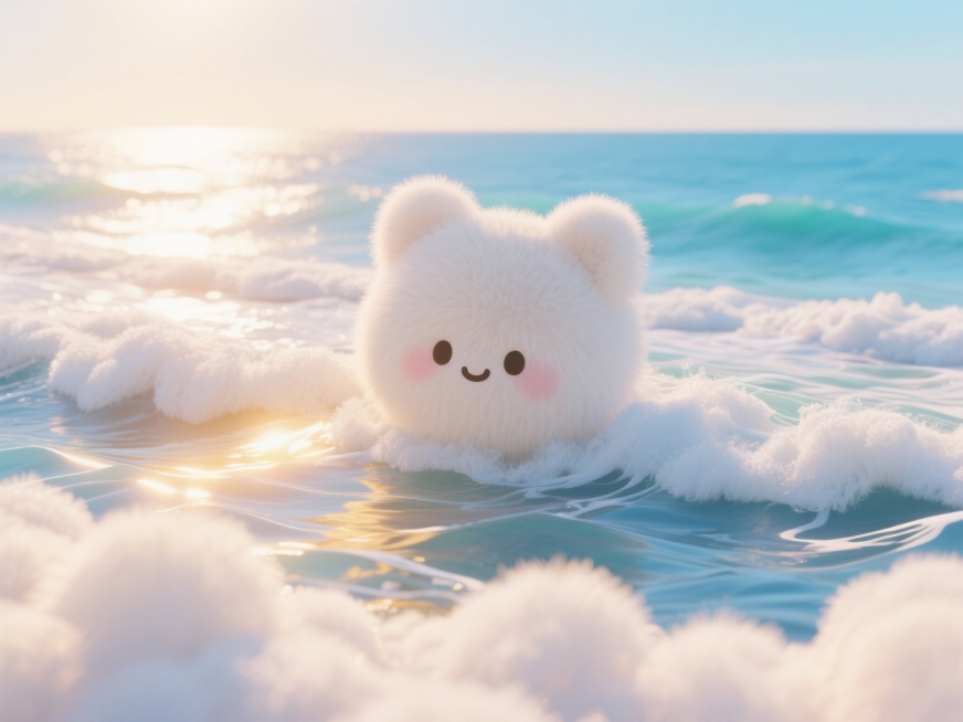 一片广阔的毛茸茸海洋，海水呈现柔软的白色绒毛质感，波浪起伏如同蓬松的云朵，阳光洒在海面上形成金色的光晕，远处海天相接处有淡淡的蓝色渐变，整体画面温暖治愈，充满梦幻感预览效果