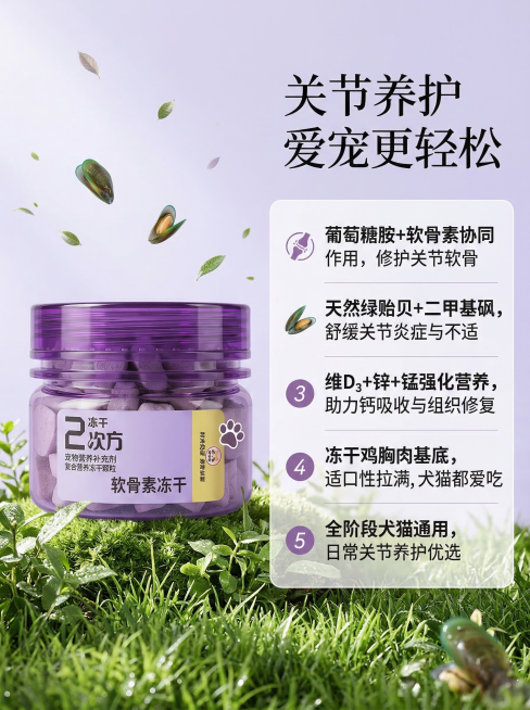 淘宝天猫详情页首屏，宠物软骨素冻干，紫色清新自然风格，和参考主图风格一致。左侧展示商品图，紫色瓶子包装为2次方软骨素冻干，保留商品本身文字和图案不修改，右侧大标题写着"关节养护 爱宠更轻松"，下方依次预览效果