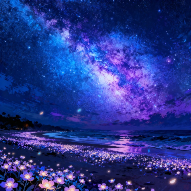 帮我生成一张图片：夜晚，千万颗细小的发光花朵组成的海滩，蓝紫色银河，星汉灿烂，颗粒油画，浪漫古风，炫彩光影，暗夜微光，大广角，超现实主义。图片风格为动漫，比例 9:16预览效果