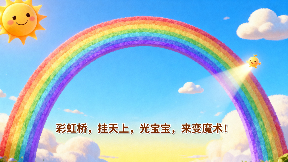 中班幼儿科学微课PPT内页，第2页开场总导，卡通梦幻风格，皮克斯风格，明亮色彩，主色调蓝紫黄渐变，幼儿视角。卡通蓝天，巨大七彩彩虹桥，带笑脸的太阳公公，云朵飘浮，光宝宝飞向屏幕，底部大字儿歌"彩虹桥，预览效果