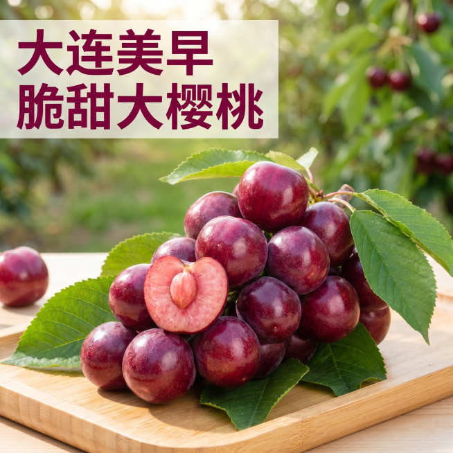 [主图 1] 大连美早樱桃新鲜水果首图。
[氛围风格] 自然新鲜清新，果园场景，品质感；
[画质] 商业摄影质感、光线柔和通透、产品清晰真实、画面干净高级，文字占比<30%。
[元素] 一串带绿叶的大预览效果