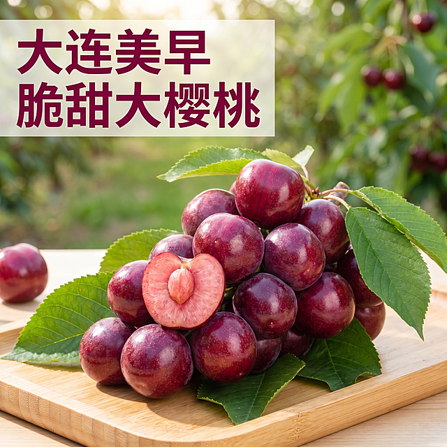 [主图 1] 大连美早樱桃新鲜水果首图。
[氛围风格] 自然新鲜清新，果园场景，品质感；
[画质] 商业摄影质感、光线柔和通透、产品清晰真实、画面干净高级，文字占比<30%。
[元素] 一串带绿叶的大连美早樱桃放在浅木色托盘上，果实饱满硕大，深红紫红色，果皮表面带有自然光泽和果霜，一颗樱桃被切开，露出肥厚粉嫩的果肉。背景是虚化的绿色樱桃园，层次丰富。商品主体占比严格控制在 60%-80% 之间，画面满屏无边框，不出现人物和包装价格。
[光影] 自然暖阳逆光从斜后方照射，穿过果皮和果肉凸显通透感，果实光泽诱人，阴影柔和，高光自然，整体通透不灰蒙。
[配色] 主色调为樱桃自然深紫红色，搭配清新绿色背景，色彩浓郁明快。
[视角构图] 平视视角，景深适中，前景主体清晰，背景虚化突出产品。
[文字版式] 左上负空间左对齐留安全边距，主标题 "大连美早 脆甜大樱桃" 深紫红色粗体无衬线最大号，浅色半透明背景块衬托文字，文字清晰醒目，不遮挡产品主体，文字占比符合要求。
[比例分辨率] 1:1 比例，文字清晰锐利，画面超高清。
[负向提示词] 人物，包装，价格，变形，水印，文字错乱，产品模糊，背景杂乱，文字占比过大