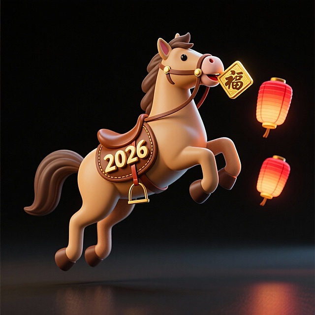 软3D风格卡通马，叼着“福”字牌，身披2026年鞍具，搭配红灯笼，国潮喜庆感十足，寓意新年吉祥。
