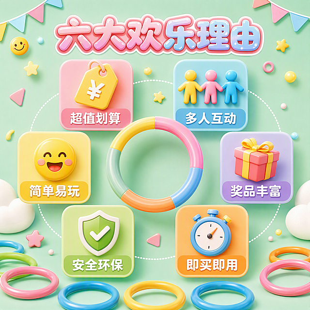[主图-3] 套圈圈产品亮点图，展示六大核心卖点。
[氛围风格] 卡通可爱3D立体风，马卡龙配色，活泼明快，与整套风格统一。
[画质] 超高清3D渲染质感，画面干净整洁，图标清晰立体。
[元素] 画面中央是一个大大的彩色套圈作为视觉中心，周围环绕着6个3D立体图标卡片，呈六边形排列；每个图标卡片对应一个卖点：1. 左上角：价格标签图标+"超值划算"；2. 右上角：多人手拉手图标+"多人互动"；3. 右中：礼物盒图标+"奖品丰富"；4. 右下角：秒表图标+"即买即用"；5. 左下角：盾牌图标+"安全环保"；6. 左中：笑脸图标+"简单易玩"；背景是淡薄荷绿色，点缀小星星、小圆圈、小三角旗等装饰元素；底部有一排彩色套圈装饰。
[光影] 柔和均匀布光，每个图标卡片都有轻微投影，立体感强，整体明亮通透。
[配色] 主色：薄荷绿背景；辅色：樱花粉、鹅黄、天蓝、淡橙；图标卡片用不同马卡龙色区分；与首图色板一致。
[视角构图] 正面平视，中心放射状构图，中心套圈为焦点，6个卖点图标均匀分布在周围，对称平衡。
[文字版式] 顶部居中大标题"六大欢乐理由"，粉蓝渐变立体圆润字；每个图标卡片下方对应卖点名称，白字粗体在彩色圆角卡片上；文字大小适中，清晰可读，全部放在图标区域内，不拥挤。
[输出要求] 1:1比例，文字清晰可辨，超高清3D渲染质感。
[负向提示词] 变形，文字错乱，图标模糊，背景杂乱，水印，电商平台Logo。