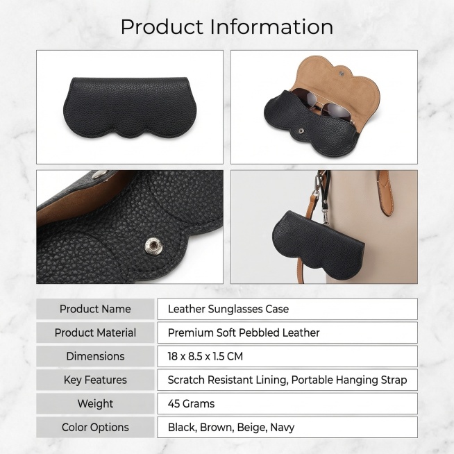 Product information page for black leather sunglasses case, design inspired by the reference product预览效果