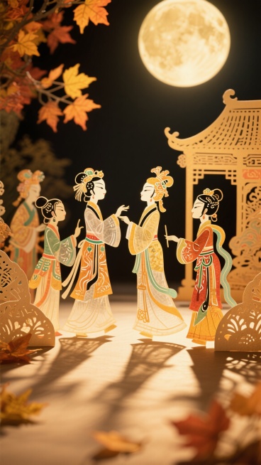 月光下的一场传统中国皮影戏，精美的剪纸人物演绎着古老传说，柔和的金色光线投下长长的影子，周围环绕着秋叶和中秋节装饰，具有民间艺术风格，采用温暖的橙黄色调，营造出怀旧浪漫的氛围，细节丰富预览效果