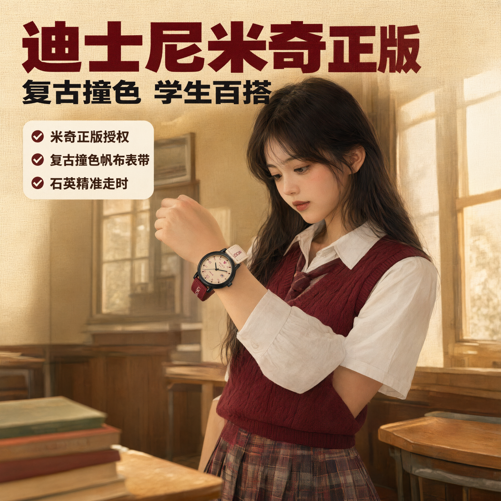 复古学院风电商详情页头图，1:1正方形。亚洲女学生模特抬起手腕… - 图片创意预览