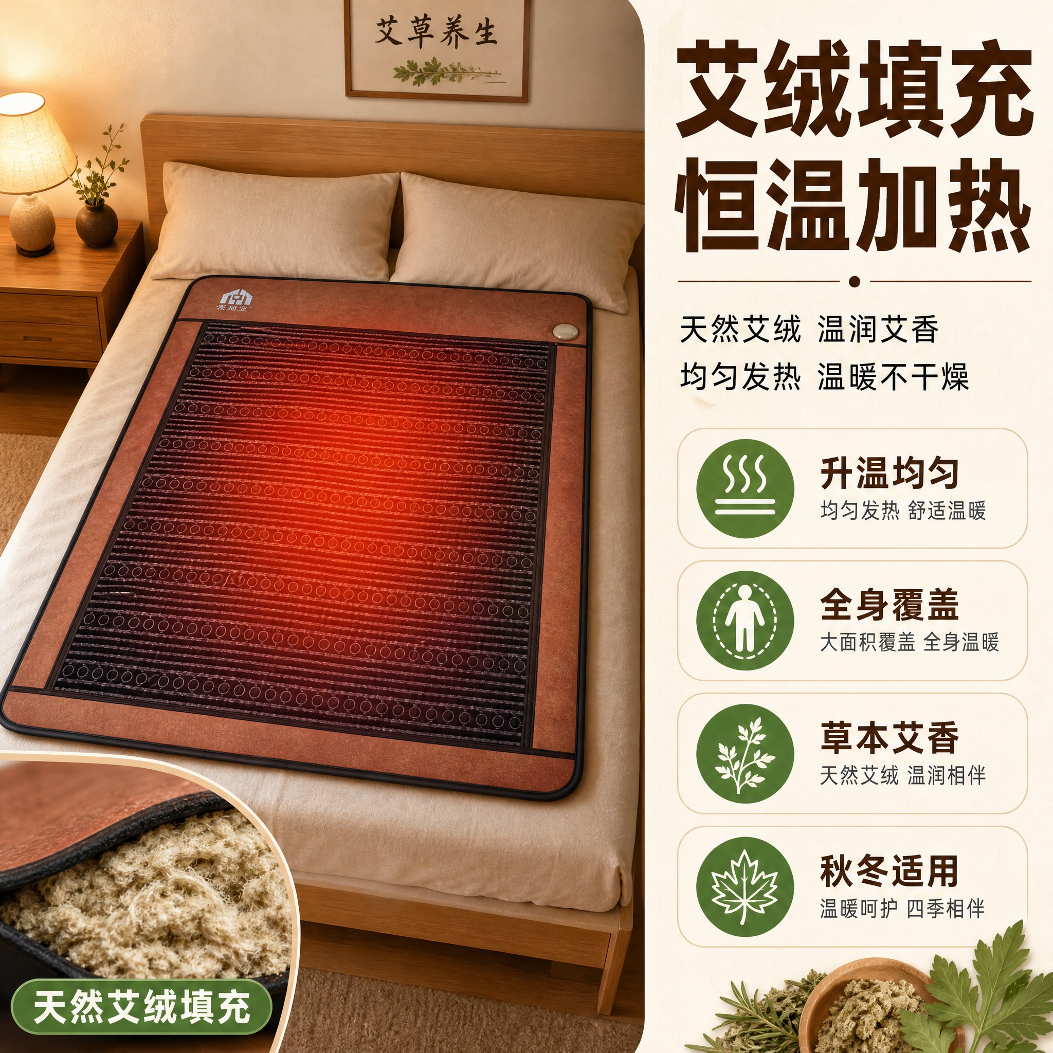 [主图-2] 主题：艾绒填充+恒温加热 温润躺卧体验。展示床垫… - 图片创意预览