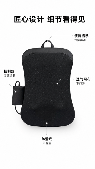 [第4屏] 结构解析屏-核心部件引线标注说明。
[氛围/风格] 产品结构解析，简约专业风，清晰展示细节，质感真实。
[元素布局] 本屏使用【图1】作为产品主体，按摩靠枕居中占画面70%区域。使用细引线预览效果