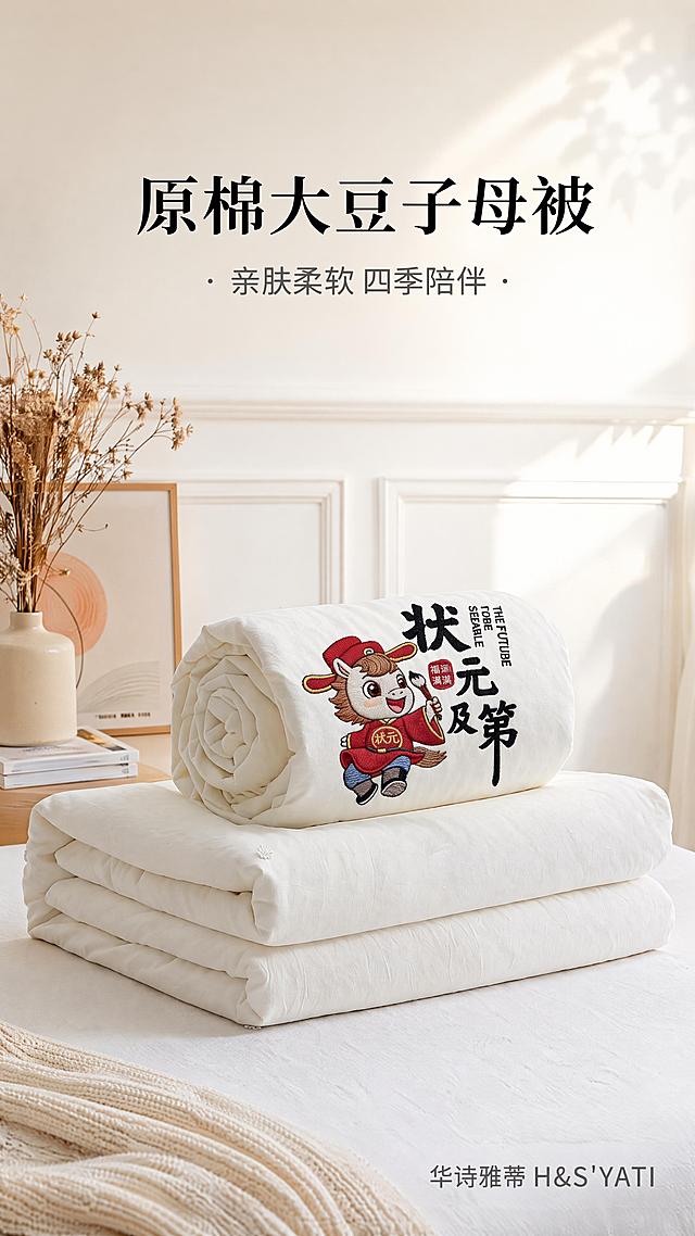 「图片1」「图片1」「图片1」，生成详情页，商品名称为原棉大豆子母被，产品特点：原棉面料，亲肤柔软，填充大豆纤维，子母被四季可用（1斤+2斤），适配抖音/快手平台，单图比例为9:16，需求屏数为5张。