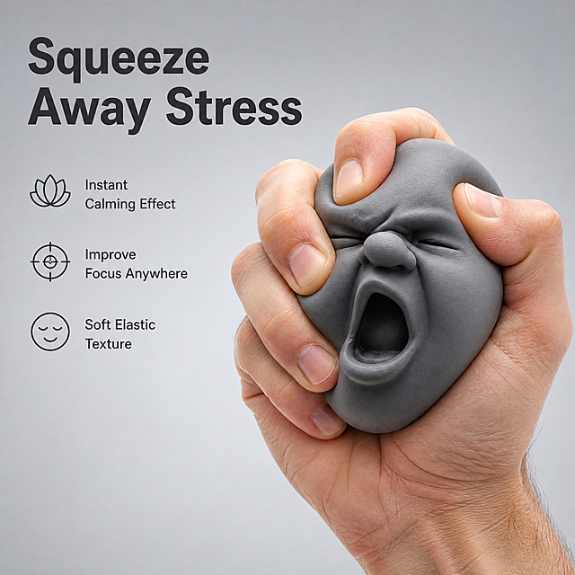 [主图-2] Funny Face Stress Ball 挤压玩法与减压效果展示。
[统一基调] 亚马逊跨境风格，浅灰色渐变背景，英文信息图，冷调商业摄影质感，标题深灰色粗体无衬线字体，辅助文字中灰色，图标线条简洁。
[画面] 画面右侧为一只欧美成年人的手正在用力挤压灰色人脸减压球，球体被手指按压变形，嘴巴张大呈现夸张表情，清晰展示柔软可挤压的特性。手的肤色自然，手指姿态真实自然。画面左侧上方为大标题，下方配2-3个简洁线性图标分别代表Stress Relief、Focus Boost、Anxiety Calm，每个图标下方有一行简短英文说明。产品占画面约60%，手部操作展示真实使用状态。
[光影质感] 影棚柔光，主光从左上方来，球体橡胶质感真实，挤压处有自然褶皱和形变，手部皮肤纹理自然，阴影柔和。
[配色] 浅灰渐变背景，深灰标题，中灰辅助文字，深灰色细线图标，灰色产品，整体冷灰调统一。
[文字版式] 左上角主标题"Squeeze Away Stress"，粗体大号深灰无衬线字；下方三行短文案分别为"Instant Calming Effect"、"Improve Focus Anywhere"、"Soft Elastic Texture"，字号缩小50%以上；配三个简约线性图标横向排列。文字全部左对齐，放在左侧负空间，不遮挡产品和手部。
[输出要求] 1:1正方形，英文文字清晰可读，产品形变真实自然，无手指畸形、无穿模、无水印、无错字。