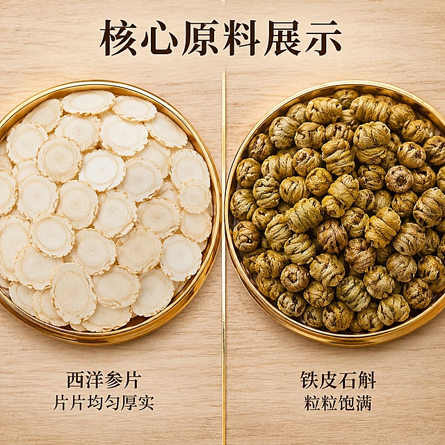 [主图-2] 产品原料细节展示主图
[氛围风格] 天然滋补，真实质感，突出原料品质
[画质] 商业摄影质感、光线柔和通透、产品清晰真实、画面干净高级
[元素] 放大展示西洋参切片和石斛颗粒原料，左侧放大西洋参切片特写，右侧放大石斛颗粒特写，保持原产品原料形态、颜色与质感完全一致，杜绝变形和色差。使用浅木色背景衬托，纹理自然简洁，两个特写分屏展示，中间用纤细金色竖线分隔，商品主体占比约70%
[光影] 自然柔光从上方照射，凸显西洋参切片的纹理和石斛颗粒的颗粒感，通透不灰蒙，细节清晰
[配色] 原木浅棕为底，搭配产品本身的米白和深褐，点缀金色分割线，整体自然高级
[视角构图] 平铺俯视特写，对称构图，视觉重心平衡
[文字版式] 顶部居中放标题"核心原料展示"，深棕色粗体；左下方标注"西洋参片 片片均匀厚实"，右下方标注"铁皮石斛 粒粒饱满"，深棕色细体文字
[输出要求] 1:1比例，文字清晰可辨，超高清商业摄影质感
[负向提示词] 变形，文字错乱，产品图模糊，背景杂乱，水印，电商平台Logo，绝对化违禁词，医疗功效描述