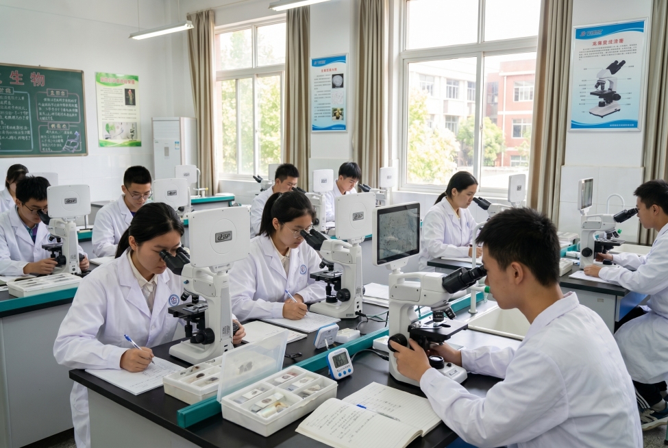明亮的教室里，一群中国中学生，身穿白大褂，每人一台AS6100系列显微镜（参考图中的显微镜形象），正在进行比赛，严格保留参考图中的显微镜外观，不要随意修改预览效果