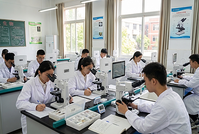 明亮的教室里，一群中国中学生，身穿白大褂，每人一台AS6100系列显微镜（参考图中的显微镜形象），正在进行比赛，严格保留参考图中的显微镜外观，不要随意修改