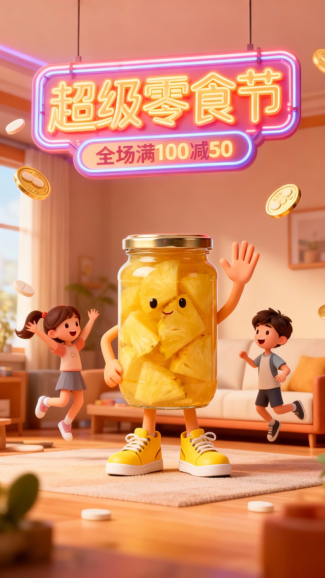 一个拟人化的图中主体站在中央，穿着黄色运动鞋，用手打招呼，周围有两位快乐跳跃的小孩（一男一女），背景是3D卡通客厅，空中漂浮着钙片金币，主标题为霓虹灯牌“超级零食节，主标题下方有“全场满100减50”标签，整体风格均为3D卡通渲染，色彩明亮温暖，充满活力，适合零食广告宣传。