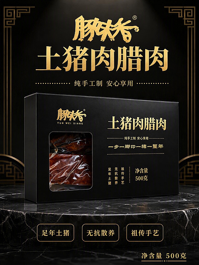 [第1张] 详情页头图-豚味香土猪肉腊肉黑金礼盒产品主视觉。本张使用【图1】作为商品主体。
[氛围/风格] 高端中式礼盒质感，黑金配色，商业产品摄影，简洁大气。
[元素布局] 黑色礼盒正面展示，位于画面中央，占比约65%；礼盒下方为深色大理石台面，有自然纹理；背景为深黑色渐变，上方有柔和的聚光效果；礼盒左右两侧对称摆放金色装饰线条和中式回纹图案点缀；礼盒包装外观、金色烫印字体、开窗透明区域与输入产品图完全一致，不改变包装上的任何文字内容。
[光影质感] 顶部正上方柔和聚光，照亮礼盒正面，两侧有弱辅光勾勒礼盒边缘立体感，底部柔和投影，金色字体有金属光泽质感。
[配色色系] 全局底色#0F0F0F纯黑；主色金色#C9A24B；辅助色深灰、大理石白纹。
[视角构图] 正面平视略仰视，礼盒居中为绝对视觉中心，阅读动线顶部标题→中央礼盒→底部信息。
[文字版式] 礼盒上方主标题「豚味香 土猪肉腊肉」，金色书法宋体大字；礼盒下方副标题「纯手工制 安心享用」，金色细宋体；最底部三个金色圆角标签「足年土猪」「无抗散养」「祖传手艺」横向排列；右下角标注「净含量 500克」；所有文字不遮挡礼盒主体。
[比例分辨率] 3:4竖版比例，4K分辨率，文字清晰可辨，高清画质。
[负向提示词] 礼盒变形，包装文字错乱模糊，颜色偏差，水印，文字过小，背景杂乱，缺件错件，开窗内容失真。