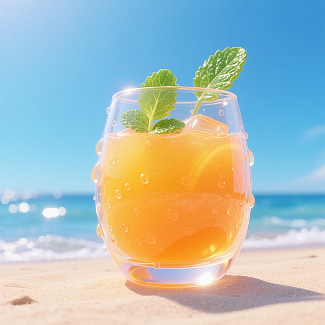 一杯果汁，蓝色海滩背景