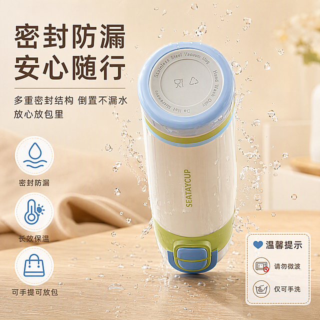 电商主图第七张，密封防漏与使用安心图。暖调家居风格，浅米色背景，画面中央展示一只倒置的保温杯（杯口朝下），杯底朝上，底部印有"Stainless Steel Vacuum Mug Hand Wash Only Do Not Microwave"等英文标识，周围有水珠飞溅效果但杯口滴水不漏，突出密封防漏性能。保持保温杯底部标识和外观与输入产品图完全一致。左侧大标题："密封防漏 安心随行"，副标题"多重密封结构 倒置不漏水 放心放包里"。下方三个图标卖点：密封防漏、长效保温、可手提可放包。右下角注意事项小卡片：温馨提示 请勿微波 仅可手洗。整体配色：米白+浅蓝辅助，水滴元素点缀。光影：顶部柔光，水珠晶莹剔透，杯身有光泽。商业摄影质感，超高清，文字清晰。1:1比例。负向提示词：变形，文字错乱，人物面部，水印，电商Logo。