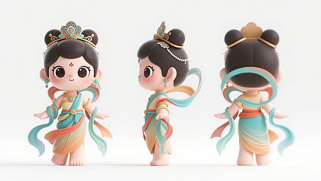 软3D风可爱卡通少女，中式服饰飘带灵动，展现传统节日的温馨与童趣。
