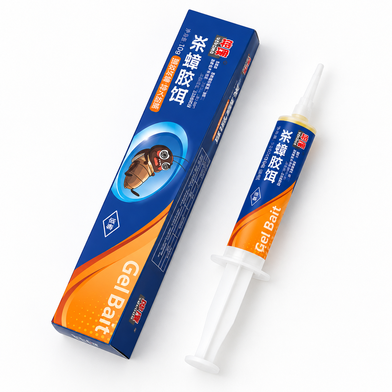 将图中的10克杀蟑胶饵产品（蓝橙配色包装盒和针管式胶饵）改为俯… - 图片创意预览