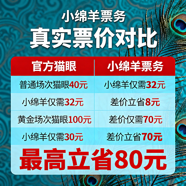 [主图 3] 小绵羊票务，真实价格对比图。[氛围风格] 延续温暖文艺风格，孔雀蓝搭配红色，整体风格统一。[画质] 文字清晰锐利，画面干净高级，超高清。[元素] 孔雀蓝带暗纹背景，居中制作两栏对比表格，左侧"官方猫眼"，右侧"小绵羊票务"，表头用红色区分，用条形图直观展示差价，整体排版清晰。[光影] 均匀布光，表格文字清晰无遮挡。[配色] 孔雀蓝背景，红色表头，浅蓝色表格，白色文字，差价红色高亮，对比分明。[视角构图] 居中满版构图，满屏无边框。[文字版式] 顶部店名"小绵羊票务"白色大号粗体；标题"真实票价对比"白色中号粗体；表格标注：举例普通场次猫眼40元，小绵羊仅需32元，差价立省8元；黄金场次猫眼100元，小绵羊仅需30元，差价立省70元。红色大字标注最高立省80元，突出价格优势。[比例分辨率] 1:1比例，2k分辨率，文字清晰可辨，超高清。[负向提示词] 变形，水印，文字错乱，背景杂乱，遮挡文字，配色刺眼。