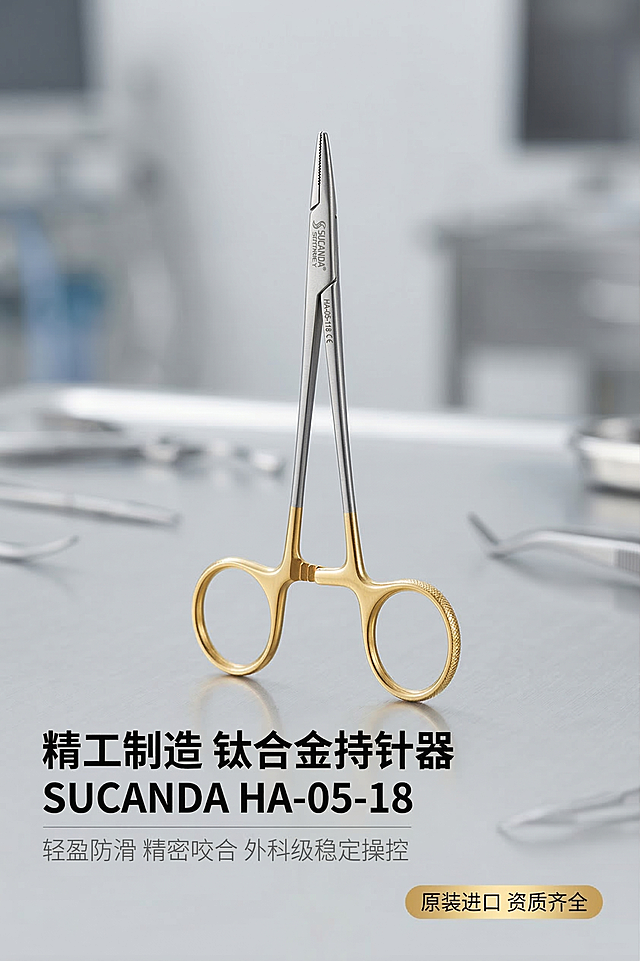 [垫图：https://gdesign-dam-hz.dancf.com/35840873318435945/545dfb4b76124aef9003735cc56fd155.jpg] 主图主题：精工制造钛合金持针器首图 氛围风格：专业医疗器械摄影风格，干净高级专业感 画面元素：持针器完整产品居中放置，占画面50-70%，放置在浅灰色医疗手术台面，背景虚化淡淡的手术器械轮廓，侧光打亮产品，凸显钛金属哑光质感与金色手柄的细腻纹理，背景铺满全屏无边框 配色色系：主色调：浅灰医疗背景；辅助色：金色手柄，银色钳身，柔和冷白光 视角构图：微俯平视视角，产品居中构图，景深适中 文字版式：主标题“精工制造 钛合金持针器”，换行“SUCANDA HA-05-18”，副标题“轻盈防滑 精密咬合 外科级稳定操控”，左下角悬浮排版；右下角金底白字圆角标签“原装进口 资质齐全”；字体采用无衬线黑体，主标题字重加粗，字号是副标题的2倍，主标题白色，副标题浅灰色，整体布局平衡，信息层级清晰