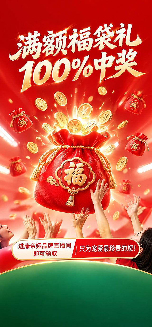 基于图1海报进行修改，具体修改要求如下：1、将画面中间的大红包替换为红色福袋，福袋要有类似图2红包那种发光、金币飞溅的喜庆发光效果，周围漂浮的小红包也改为小福袋；2、去掉左上角的Vcharm威兹曼医美LOGO，去掉右上角的(郑)医广【2025】第04-23-260号文字；3、中间大福袋上的所有文字都去掉，包括Vcharm、21徽章、回馈时间及日期文字全部删除；4、顶部大标题"暑期变美 百万基金"改为"满额福袋礼 100%中奖"，字体保持原来的大气书法风格，白金色渐变；5、去掉Bianmei Fund英文小字；6、中间按钮区域，左侧"来院即可领取"改为"进康帝娅品牌直播间即可领取"，右侧"1000元代金红包"改为"只为宠爱最珍贵的您！"；7、底部"<超级内购会>21周年庆威兹曼医美 美力从现在开始"这一整块区域的所有文字全部删除，并且将这块红色背景改为绿色系渐变背景，保持弧形造型；8、最底部的白色底区域（含甄选大医生文字和红色小建筑logo）全部裁切掉不要；9、整体保持竖版海报比例，红色主色调不变，风格喜庆高端，医美活动海报质感