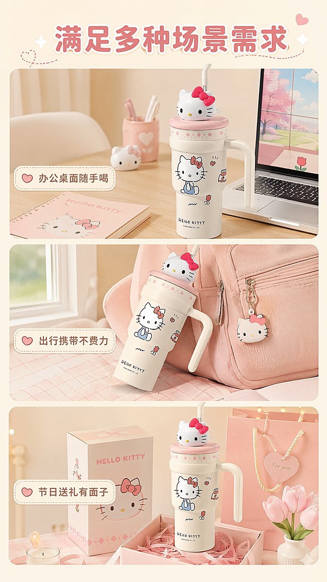 [第5屏] 多场景使用拼贴展示。本屏用【图1】做产品主体。风格：温馨治愈生活化，少女心氛围。布局：三格竖排，每个格子一个场景：上办公桌面放保温杯搭配笔记本，中出行侧放背包旁，下礼盒包装作为礼物，产品保持外观结构与原图一致。文字：顶部主标题「满足多种场景需求」，每个场景标注小字说明：办公桌面随手喝，出行携带不费力，节日送礼有面子。配色：浅暖底色，呼应整体风格。比例：9:16，4K。负向：产品变形，背景杂乱，文字遮挡主体。