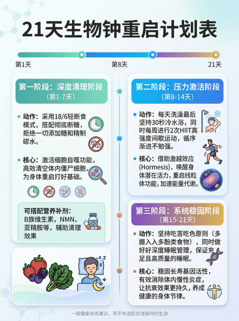 高清信息图表《21天生物钟重启计划表》，分为三个阶段：第一阶段第1-7天：深度清理阶段，动作：采用18/6轻断食模式，搭配彻底断糖，拒绝一切添加糖和精制碳水。核心：激活细胞自噬功能，高效清空体内僵尸细预览效果