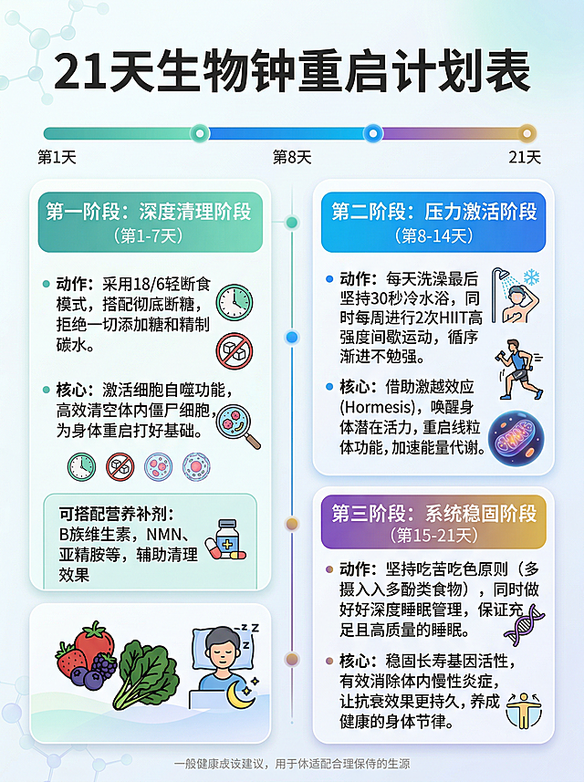 高清信息图表《21天生物钟重启计划表》，分为三个阶段：第一阶段第1-7天：深度清理阶段，动作：采用18/6轻断食模式，搭配彻底断糖，拒绝一切添加糖和精制碳水。核心：激活细胞自噬功能，高效清空体内僵尸细胞，为身体重启打好基础；可搭配B族维生素、NMN、亚精胺等营养补剂，辅助清理效果。第二阶段第8-14天：压力激活阶段，动作：每天洗澡最后坚持30秒冷水浴，同时每周进行2次HIIT高强度间歇运动，循序渐进不勉强。核心：借助激越效应（Hormesis），唤醒身体潜在活力，重启线粒体功能，加速能量代谢。第三阶段第15-21天：系统稳固阶段，动作：坚持吃苦吃色原则（多摄入多酚类食物），同时做好深度睡眠管理，保证充足且高质量的睡眠。核心：稳固长寿基因活性，有效消除体内慢性炎症，让抗衰效果更持久，养成健康的身体节律。清晰分层排版，现代简约健康科普风格，高清文字可清晰阅读，整体干净专业，适合健康养生知识分享。大标题为"21天生物钟重启计划表"。