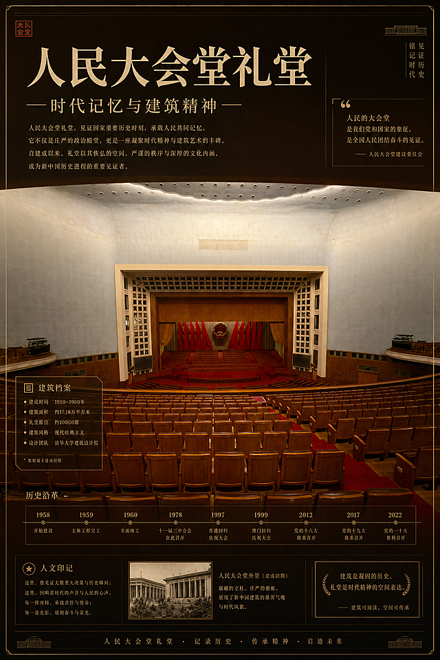 基于这张人民大会堂礼堂照片生成人文历史主题A3海报，图文结合排版，保留原有庄严肃穆的历史建筑氛围，适配297×420mm尺寸