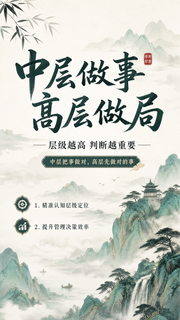 中式国风管理层级认知海报，整体为水墨山水画风格，背景是青绿山水云海，排版精美。画面主标题："中层做事 高层做局"，副标题："层级越高 判断越重要"，装饰文案："中层把事做对，高层先做对的事"，左侧卖点预览效果
