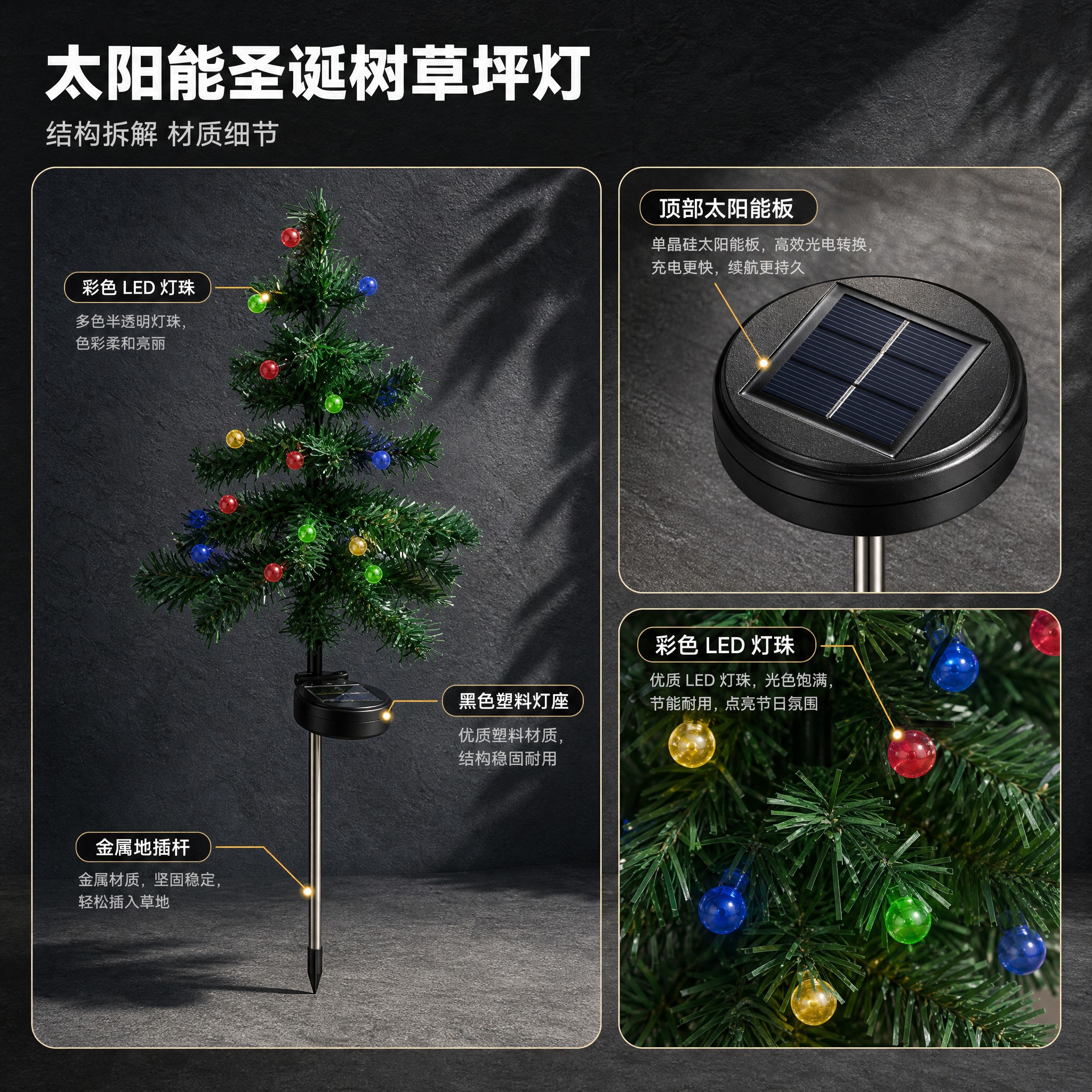 [主图-3] 太阳能圣诞树草坪灯（灯珠款） 结构与材质细节图。… - 图片创意预览