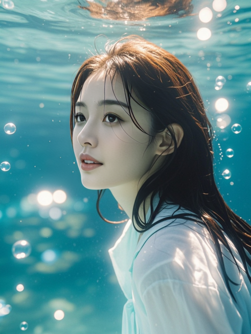 水下写真风格，高分辨率，模拟真实水下摄影质感 。特写展现一位年轻女性，流露宁静与神秘气质 。阳光穿透水面，形成斑驳光影洒在她脸部与头发上 。周围散布着闪烁光线的小气泡 。整体色调为蓝绿渐变的冷色调 ，预览效果
