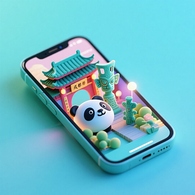 一个手机创意微缩场景，手机平放，侧面对着观众，手机俯视角度，立体的成都景观从屏幕内出来，有熊猫，三星堆，武侯祠，整体色调立体魔幻。青色背景。具有梦幻感,打光营造出柔和氛围强调梦幻和未来感的美学。