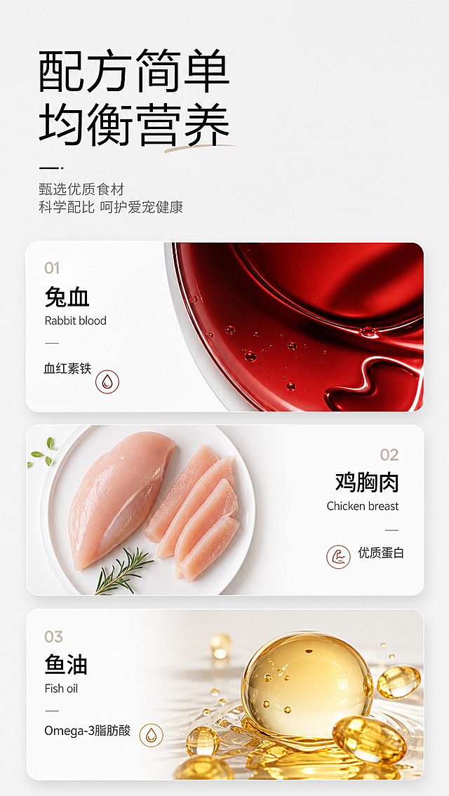 生成同款宠物营养产品详情页，保留原产品成分：兔血（血红素铁）、鸡胸肉（优质蛋白）、鱼油（Omega-3脂肪酸），标题改为"配方简单 均衡营养"，调整文字排版，保持整体简约干净的设计风格，更换成分图片的展示构图