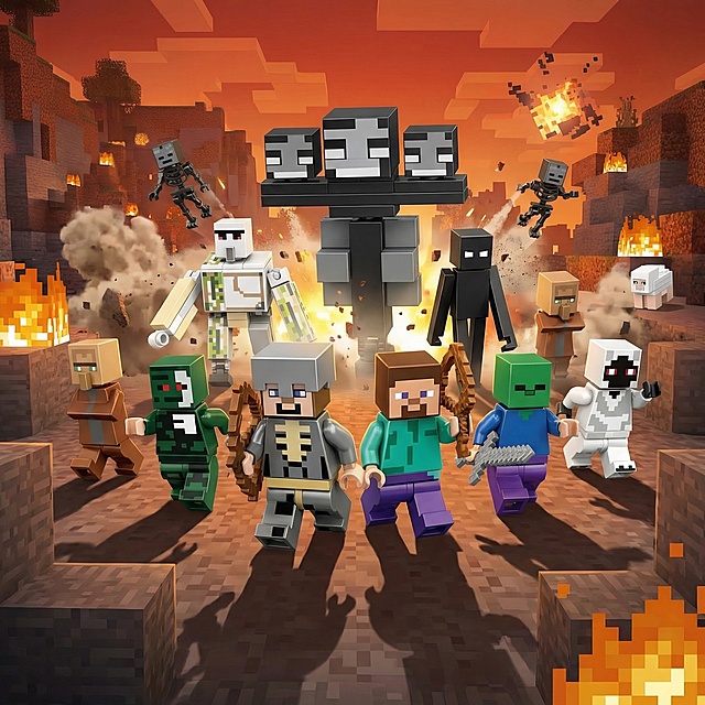 重新生成，缩小所有人仔占据画面的比例，调整站位凸出主次关系，保留原有的13款我的世界人仔，维持生动形象和热血战斗氛围