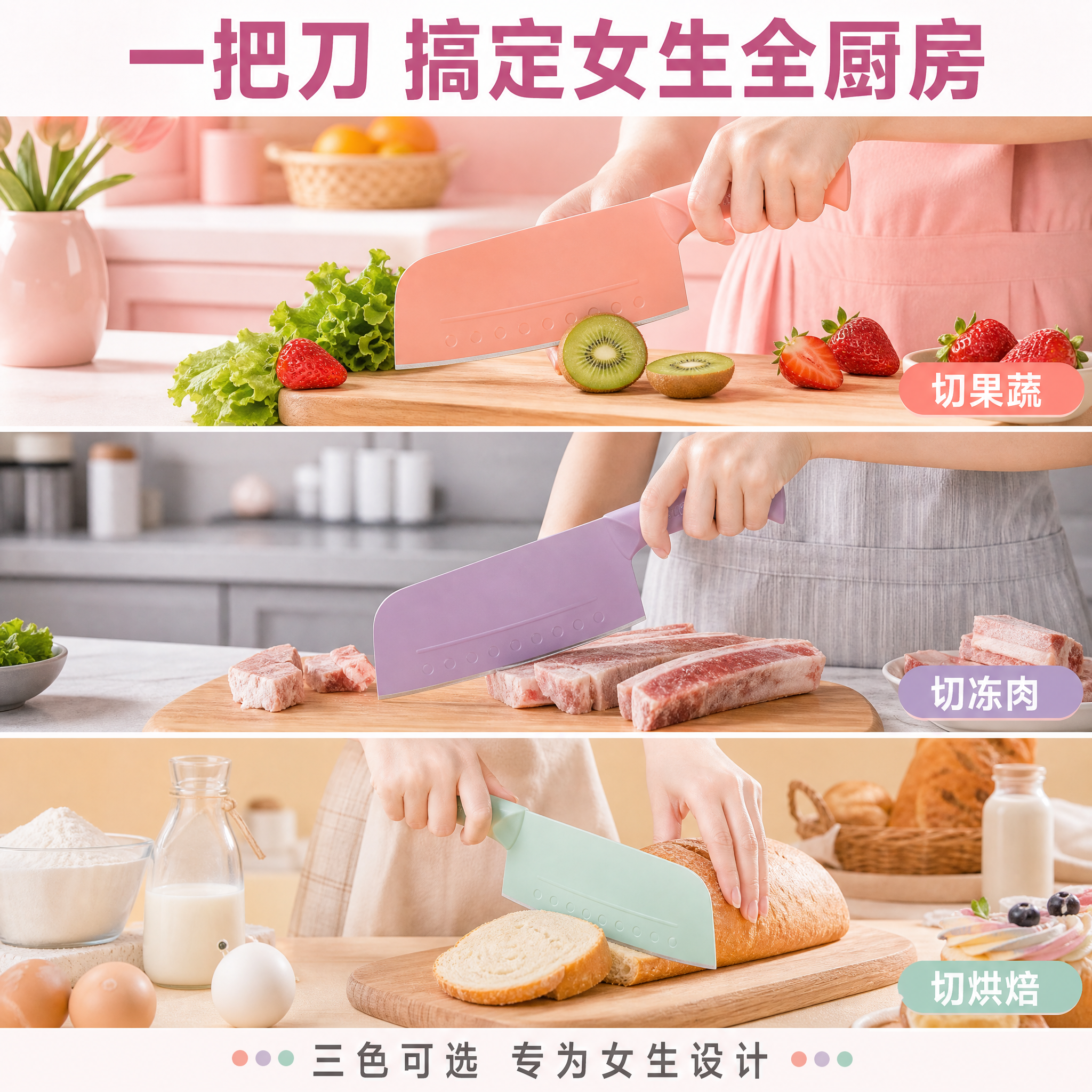 [主图-4] 多色多场景展示图，三色菜刀对应不同厨房使用场景，… - 图片创意预览
