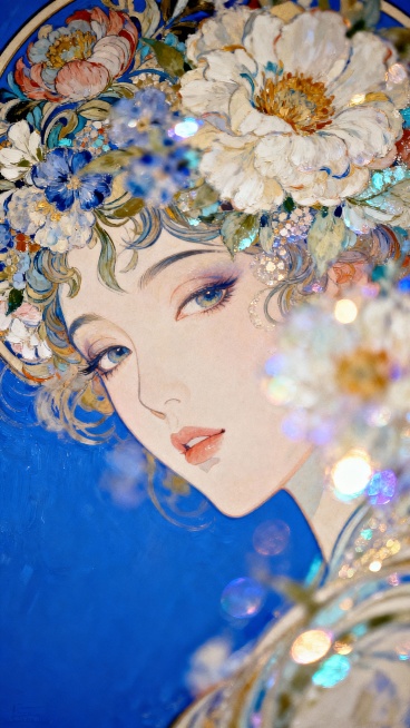 背景与前景形成鲜明的对比，画面背景是穆夏风格的花卉插画，单一的纯克莱因蓝色，大张力角度+故事感，印象派技法，虚实结合的油画，模糊颗粒肌理，模糊感+颗粒感+肌理感+朦胧感，清新淡雅，治愈配色，色彩冷暖对预览效果