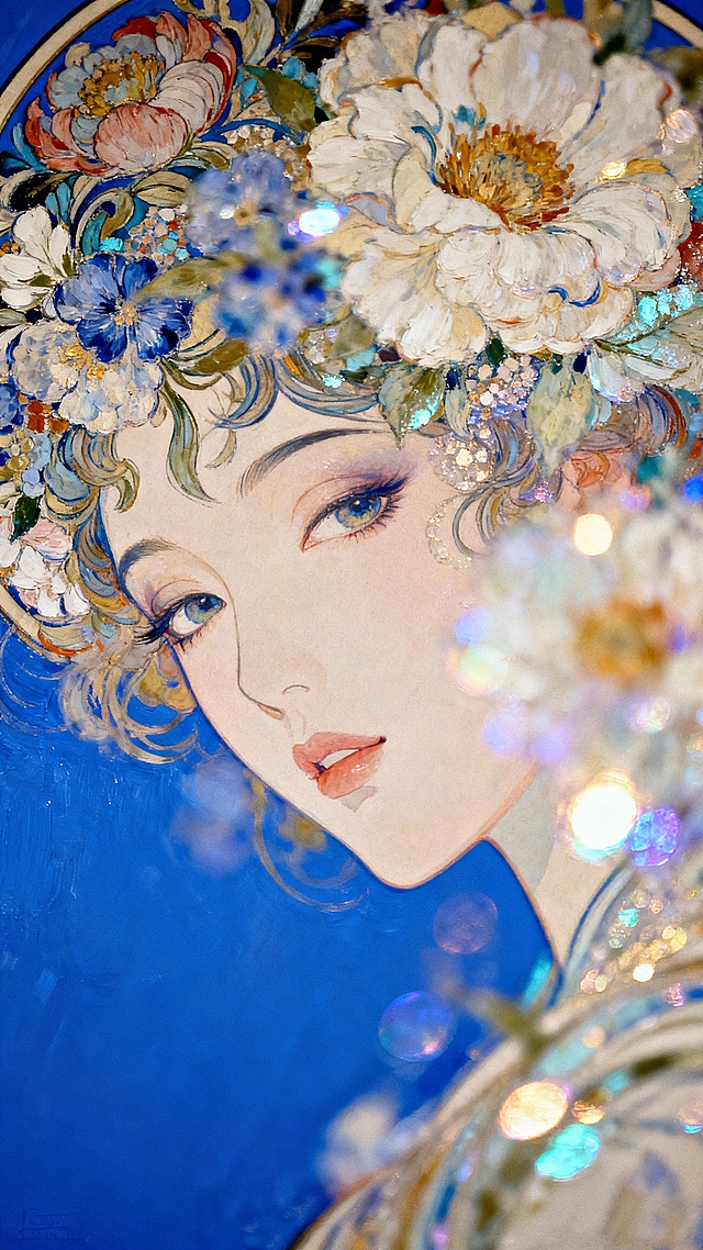 梦幻唯美的油画风插画，融合复古古典与鎏金质感，花冠点缀晶莹光斑，尽显优雅奢华之美。